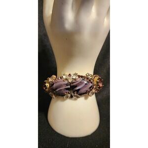 Vtg Husàn D Purple Slag Glass Rhinestone Hinged Clamper Bracelet Gold Tone READ